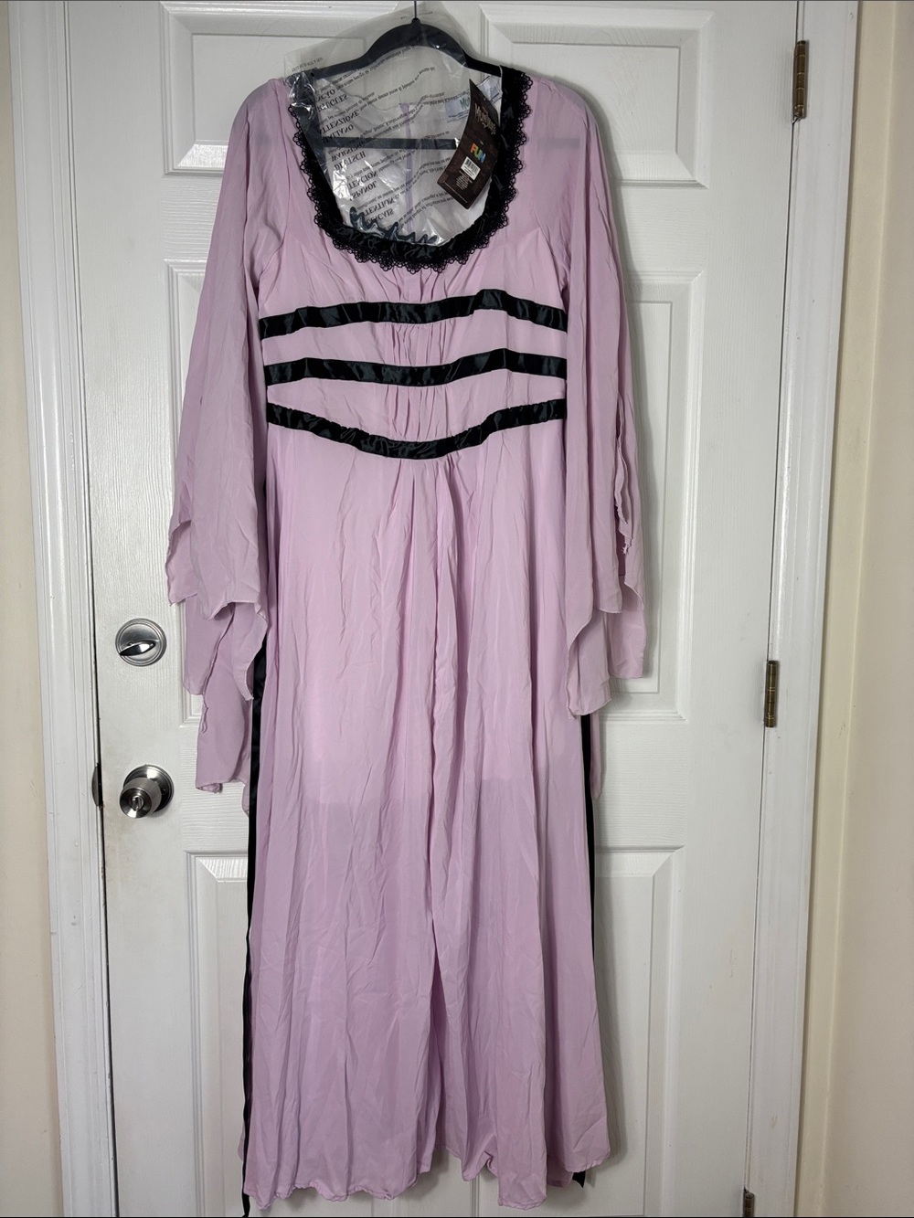 NEW LIly Munster Lavender Maxi Dress Black Trim Drape Sleeve Bat necklace Sz XS